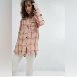 Free People Peach Plaid Button-Down Shirt